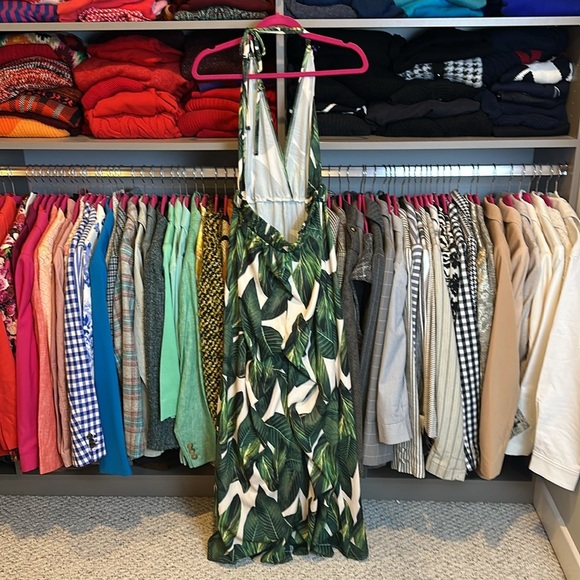 SHEIN white/green palm leaf print halter neck elastic waistband jumpsuit size 6 - Picture 3 of 3